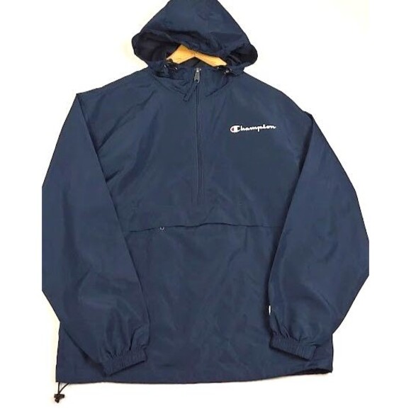 Champion Navy Pullover Windbreaker Hoodie Men Size S Logo Half Zip Front Pocket - Picture 2 of 9
